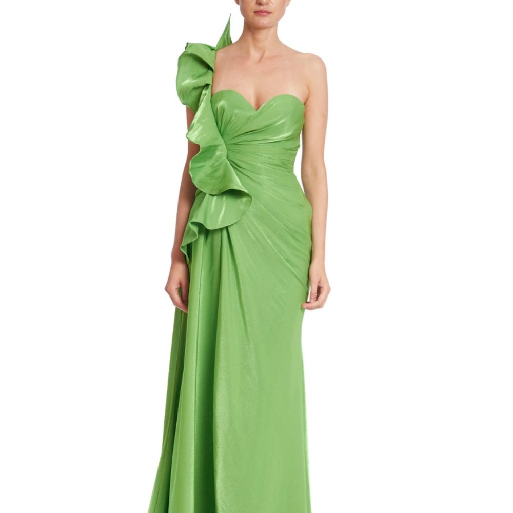 Badgley Mischka Botanical Leaf One Shoulder Gown in Green Apple